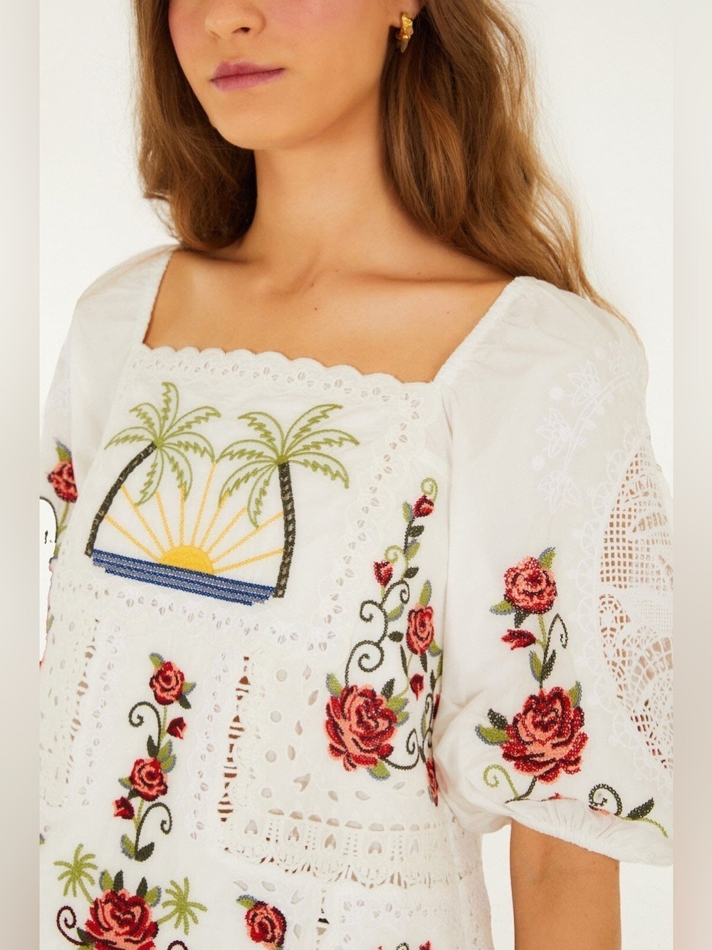 Farm Rio Off-White Tropi Scarf Embroidered Blouse - Picture 3 of 9